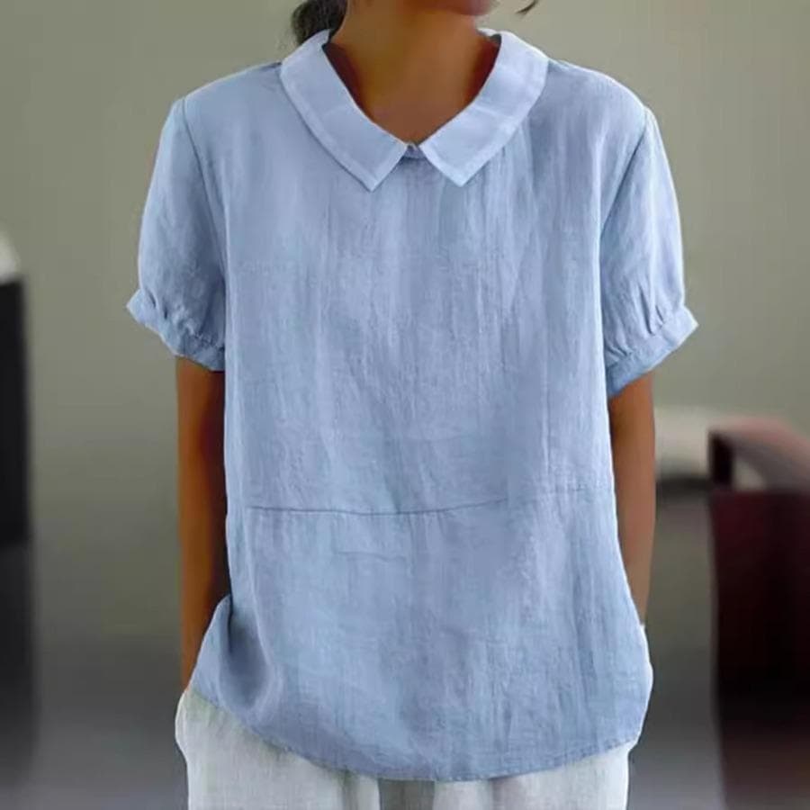 Womens Casual Peter Pan Collar Blouse Summer Loose Cotton Blouse Linen Tops Solid Color Short Sleeve Casual Ladies Breathable Shirt XL light blue