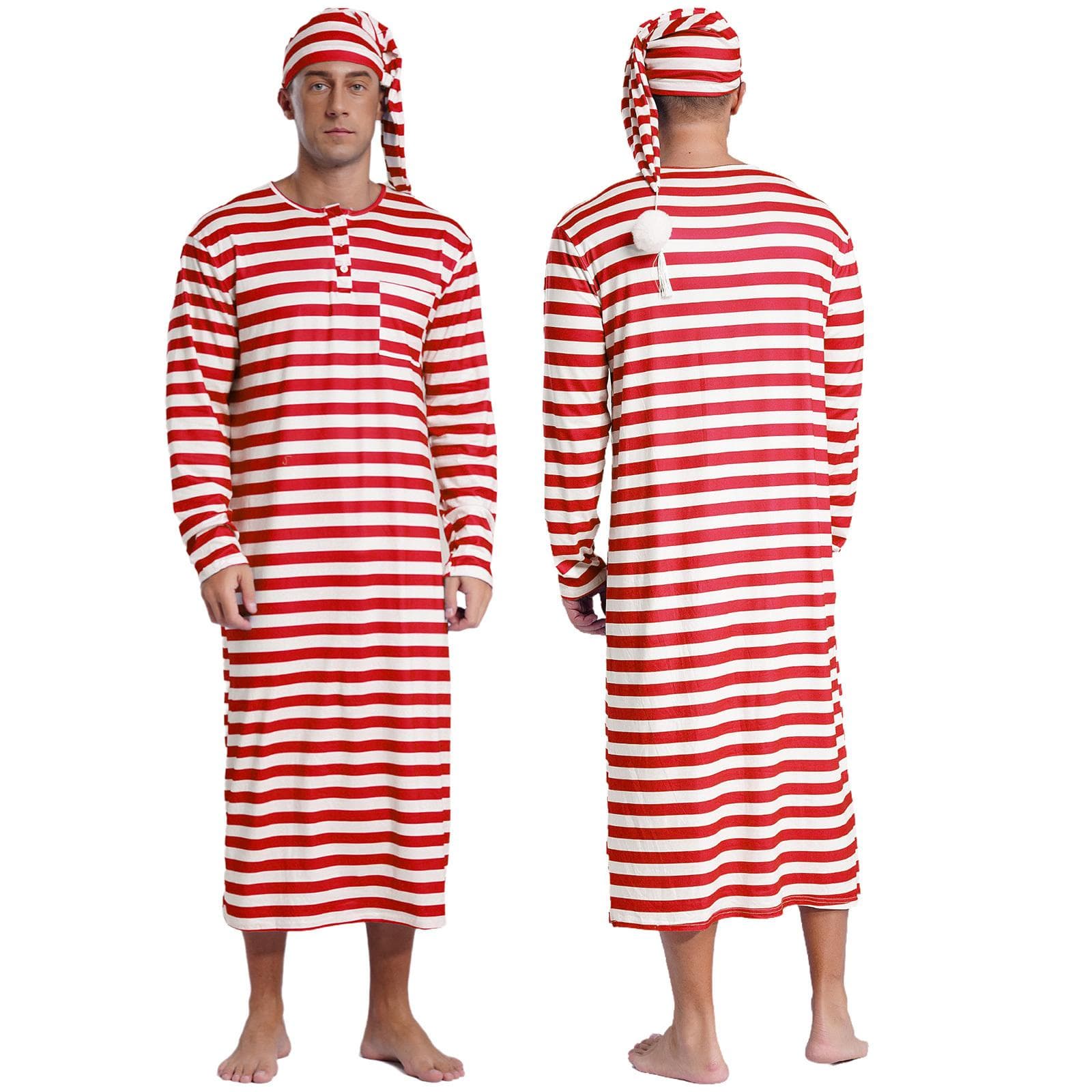 Mens Striped Loose Sleep Robe Set with Pom-Pom Hat Christmas Nightwear Long Sleeve Sissy Pajamas L red