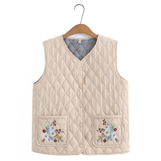 Fall Winter Parka Plus Size Women's Clothing Middle Aged Sleeveless Jacket Fashion Argyle Pocket Floral Embroidered Quilted Vest XL beige