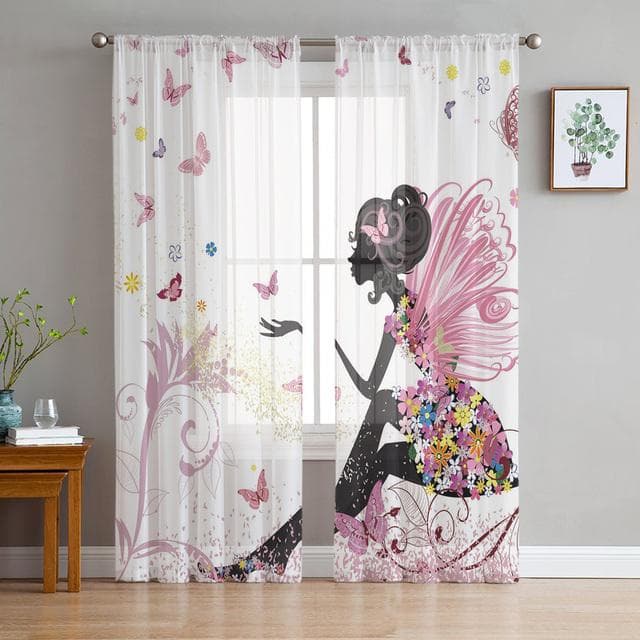 Wood Grain Retro Colorful Butterfly Chiffon Sheer Curtains For Living Room Bedroom Home Decoration Window Voiles Tulle Curtain 1 PCS W250XH250cm