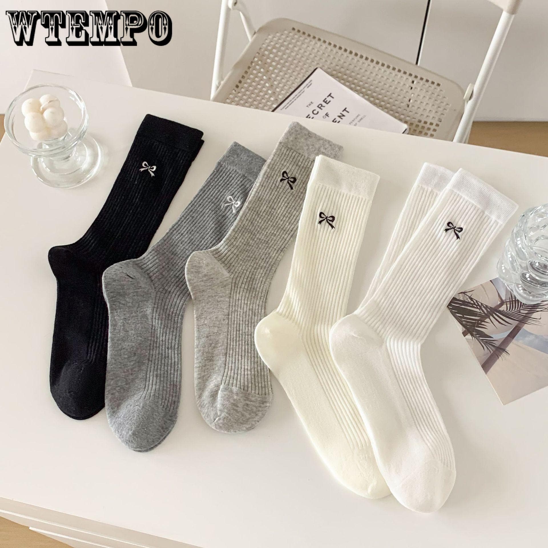 5pcs White Bow Socks Women Ballet Style Mid-calf Socks Summer Thin Stockings Cotton Stacked Socks One Size