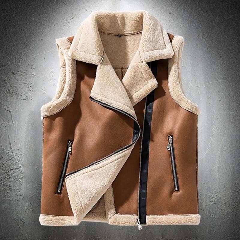 Men's Sleeveless Leather Jacket Vintage Punk Style Fur Lined with Wool Warm Winter Wear M brown