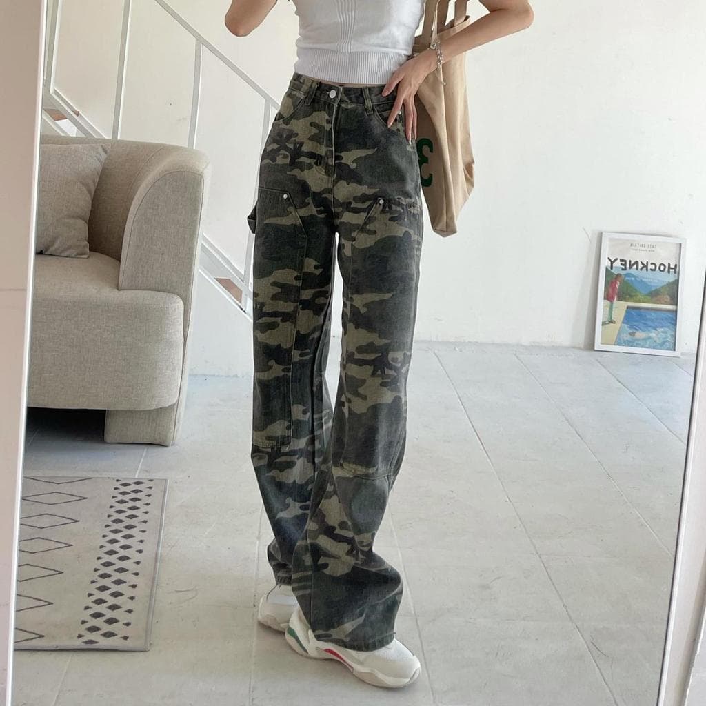 Women Fashion Camouflage Jeans Loose High Waist Denim Cargo Pants M