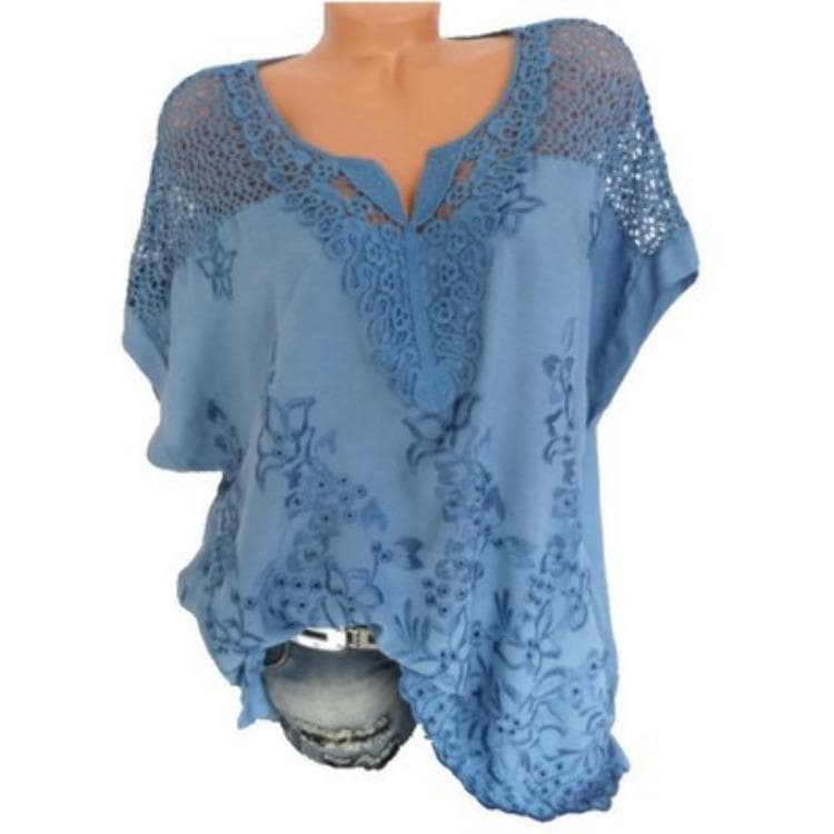 GMXIA Women's Fashion Casual Summer Embroider Solid Color Short Sleeve V-Neck Blouses & Shirts 2XL blue