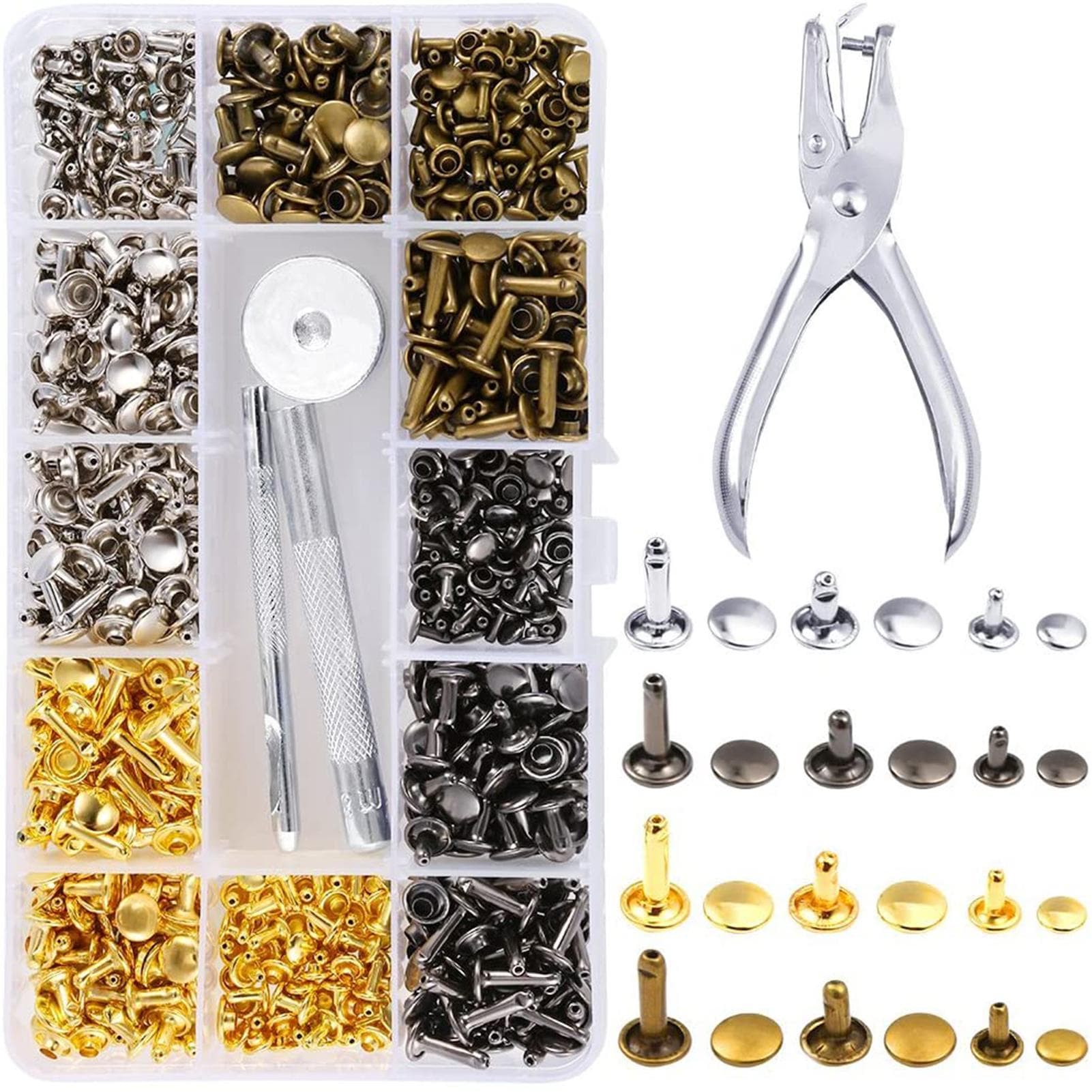 360 Sets 3 Sizes Leather Rivets Double Cap Rivet Tubular Metal Studs with 4 Fixing Set Tools for 360 Sets