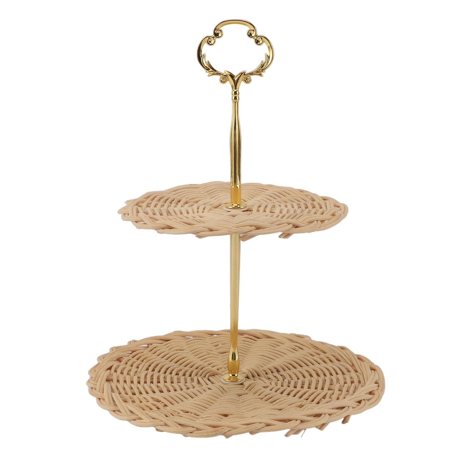 2 Tier Rattan Serving Standing Trays Round Woven Bread Fruit Snack Serving Basket for Daily Wedding