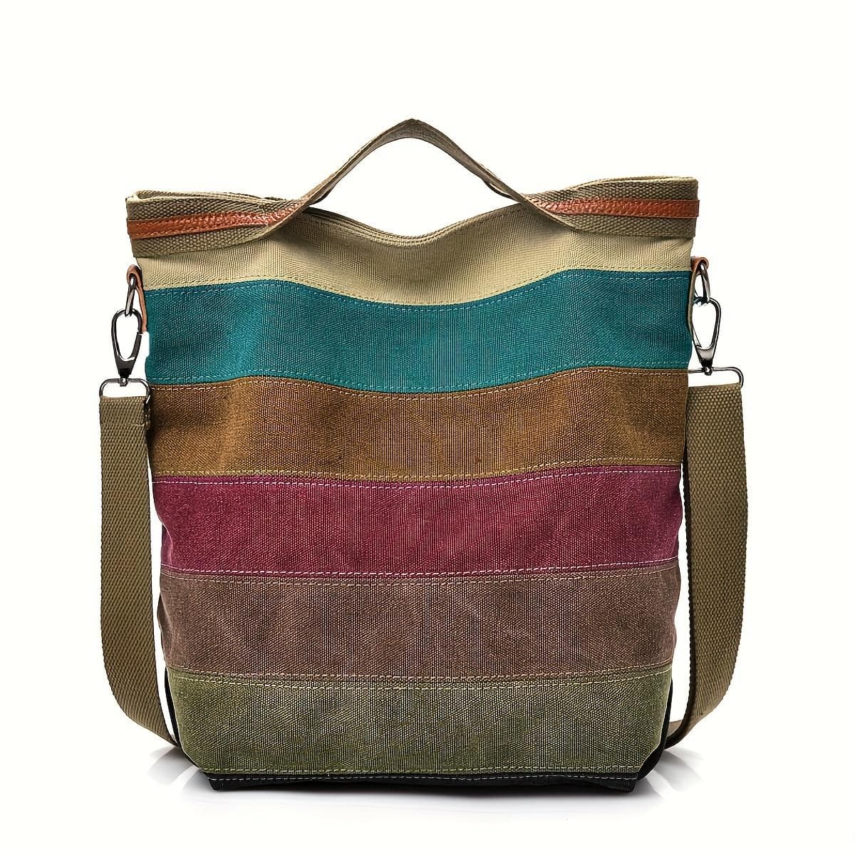 Vintage Colorful Striped Tote Bag, Large Capacity Canvas Shoulder Bag, Women's Casual Crossbody & Handbag brown