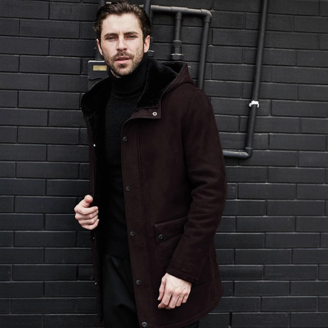 Jacket Fur Integrated Suede Jacket Multi-button Hooded Men's Coat 4XL brown