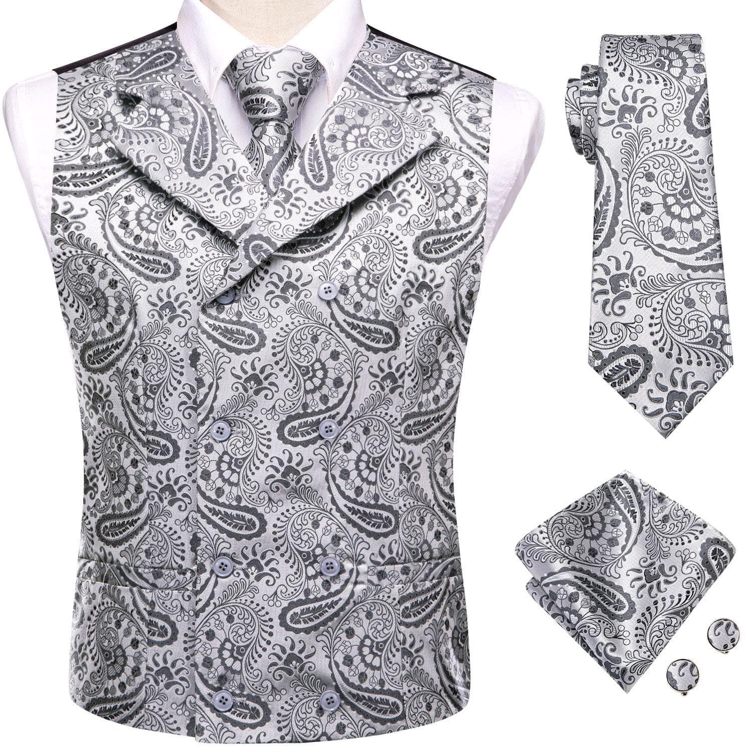 Mens Silk Victorian Vest Paisley Waistcoat Tie Hanky Cufflinks Set For Wedding 3XL