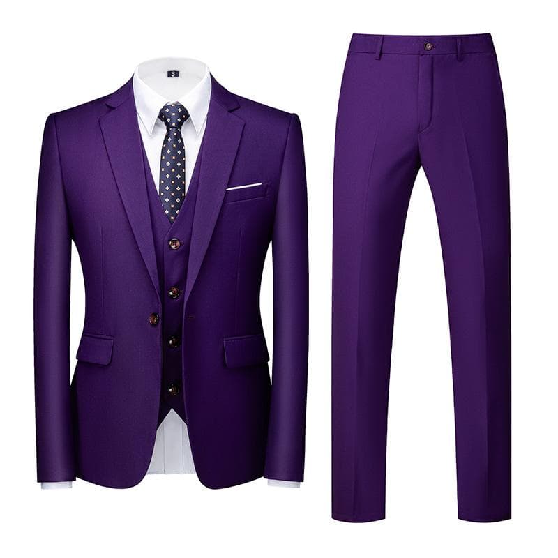 Formal Suit 3 Piece Set Suit for Men's Business Office Wedding Party Suit Blazer+Pant+Vest M purple