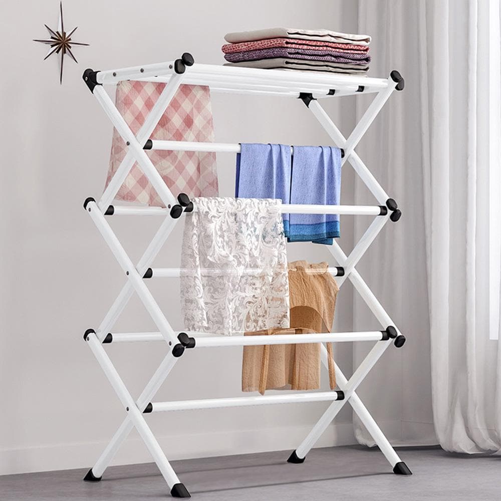 Folding Drying Rack Metal Stand Hanging Saving Space Multifunction Home Laundry Clothes Towel white