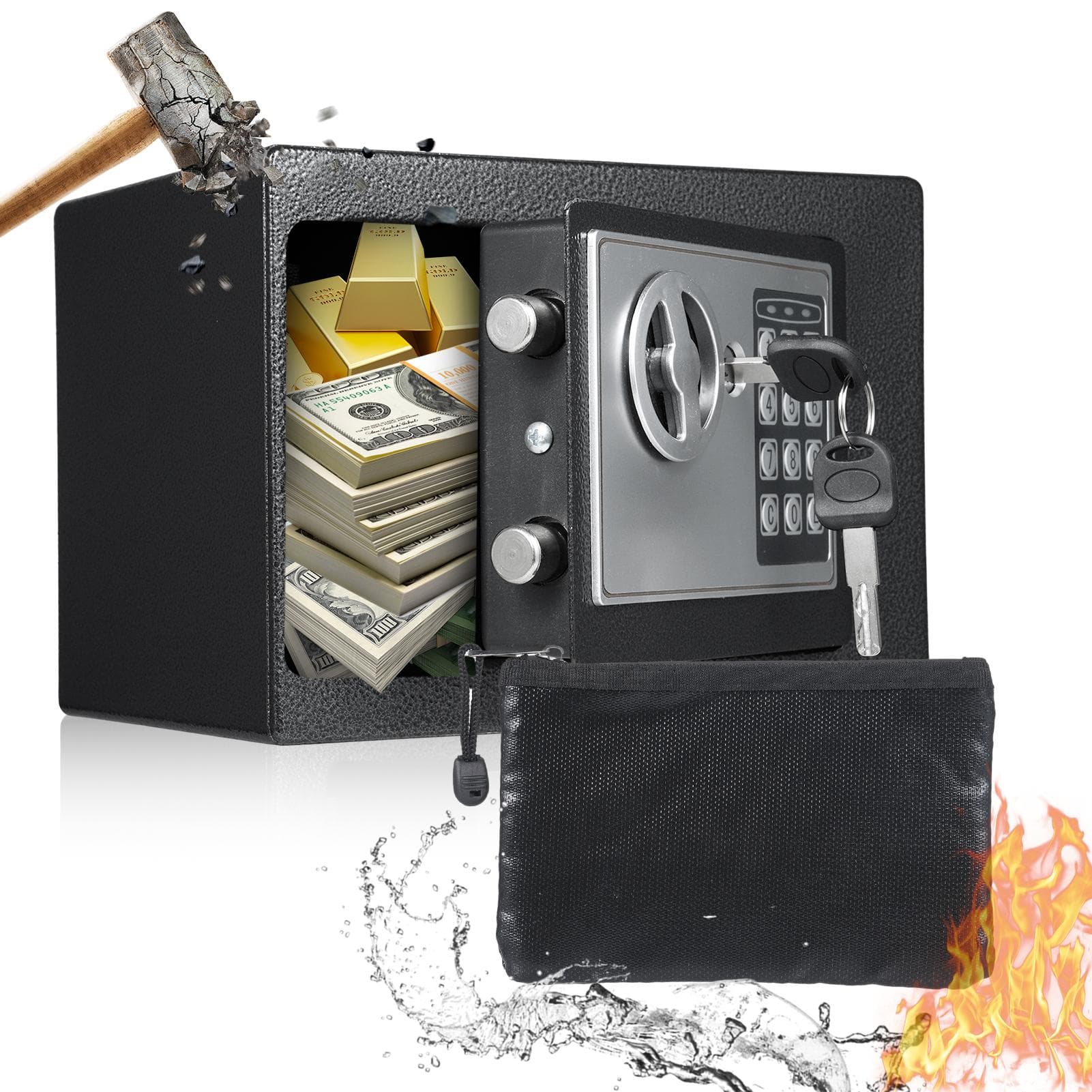 Home Safes Fireproof Waterproof Box + Document Bag with Keypad and 2pcs Spare Key Digital Home black