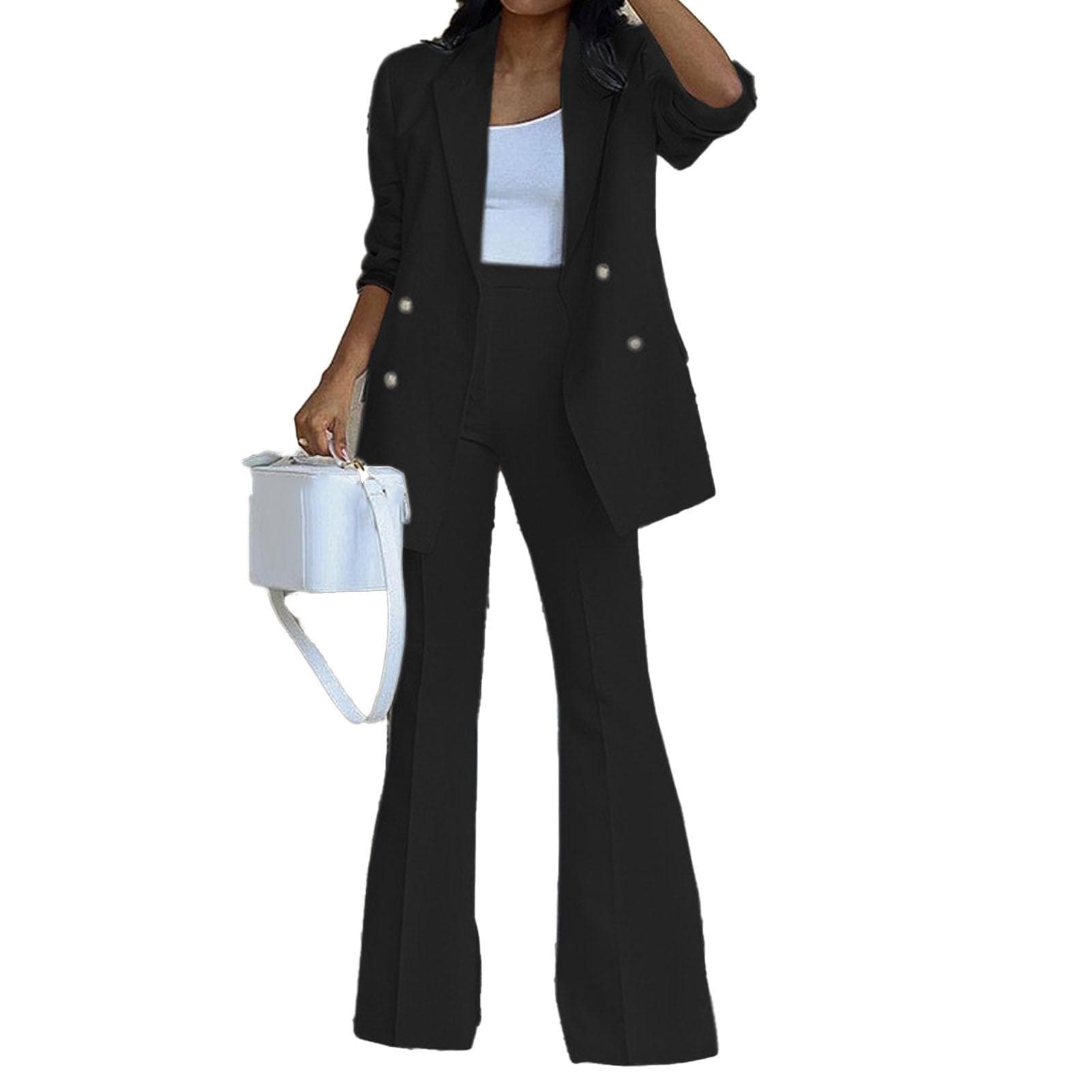 Women 2 Pieces Suit Plain Color Wide Leg Trousers Turn Down Collar 2 Pieces Long Pants Suit for XL black