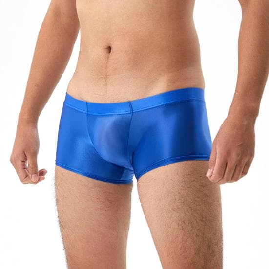 Men Boxer Underwear Low-rise U Convex Bag Briefs Glossy Silky Transparent Solid Color Boxer Briefs Smooth Thin Sports Panties 2XL blue