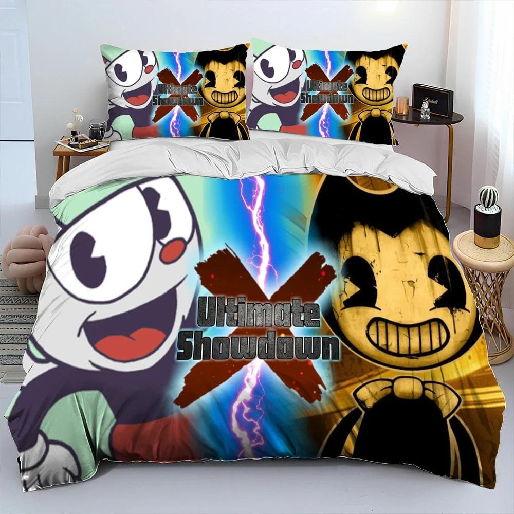 Cuphead and Mugman,Game Gamer Comforter Bedding Set,Duvet Cover Bed Set Quilt Cover Pillowcase,King Queen Size Bedding Set Boys 150x200cm 3pcs