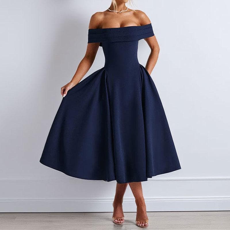 Summer Women's Fashion Off-shoulder Sexy Style One-length Solid Color Dress for Women 2XL
