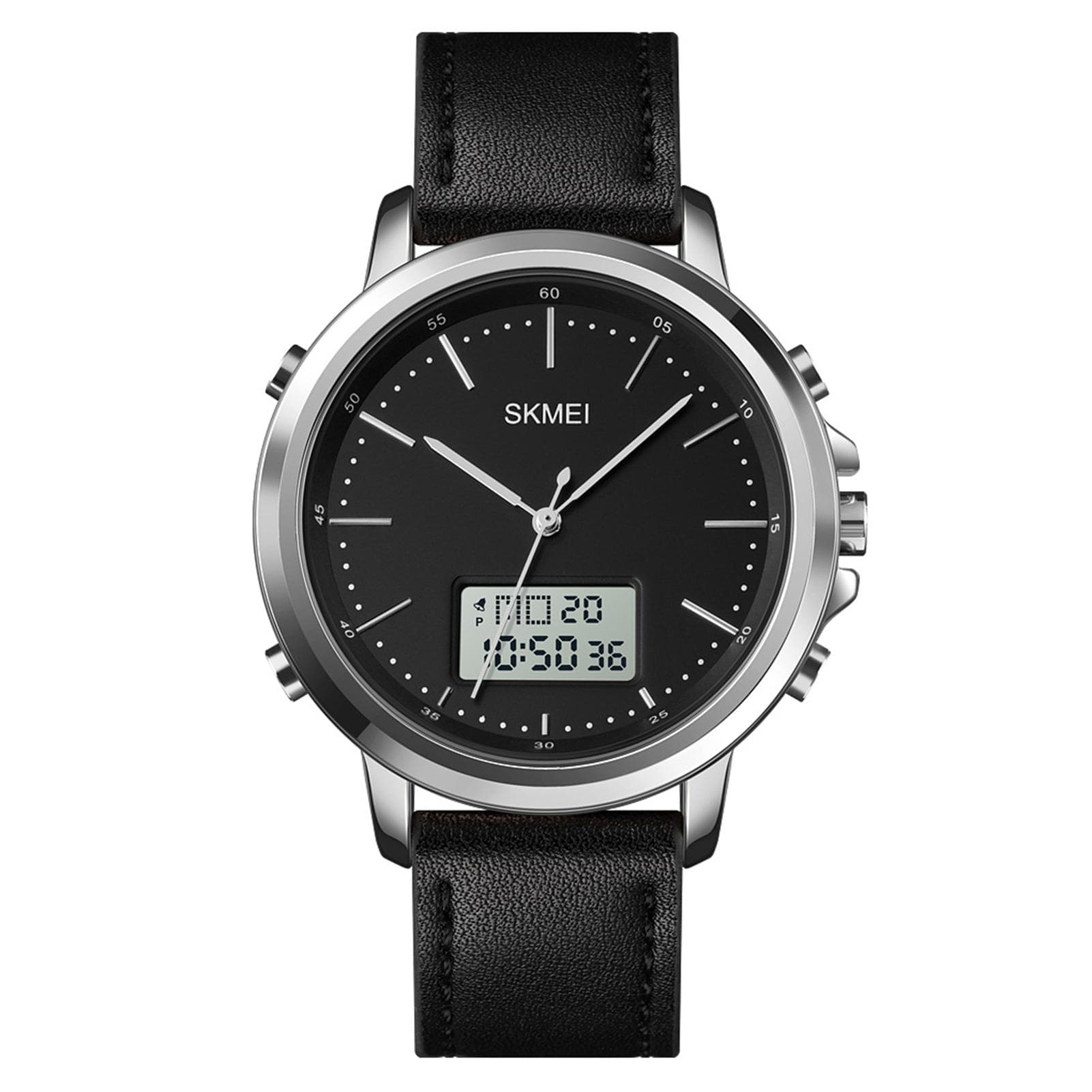SKMEI Mens Watch Minimalism Analog Digital Watch with Alarm Stopwatch LED Backlight Leather Strap silver