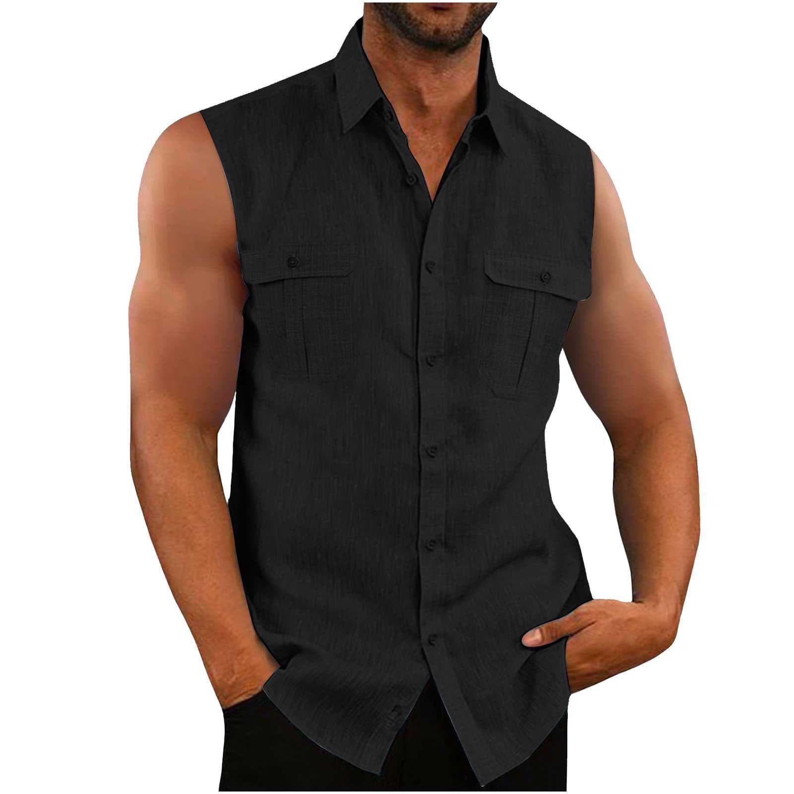 Men's Shirt Double Pocket Cotton Linen Sleeveless Shirt Comfortable and Breathable Men's Tank Top XXXL black