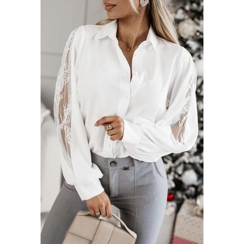 Spring and Autumn New Lace Splicing Long Sleeve Shirt with Flip Collar Elegant Top L white