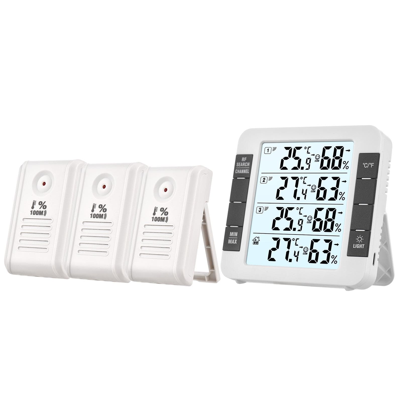 3 Channel Digital Indoor Outdoor Thermohygrometer with Remote Sensor 328ft/ 100m Backlight white
