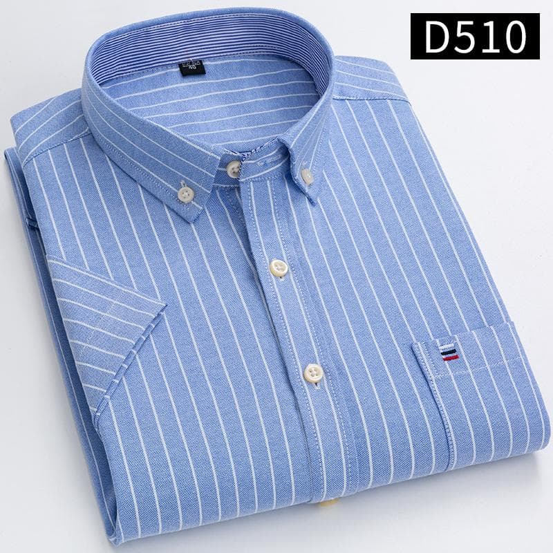 Men's Classic Solid Color Striped Short-sleeved Oxford Front Pocket Cotton Shirt 39 blue
