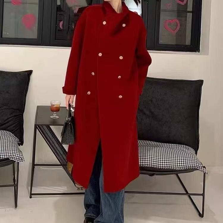 Red Double-sided Wool Coat for Women Autumn and Winter New Fashion Design Popular Long Woolen Coat M red