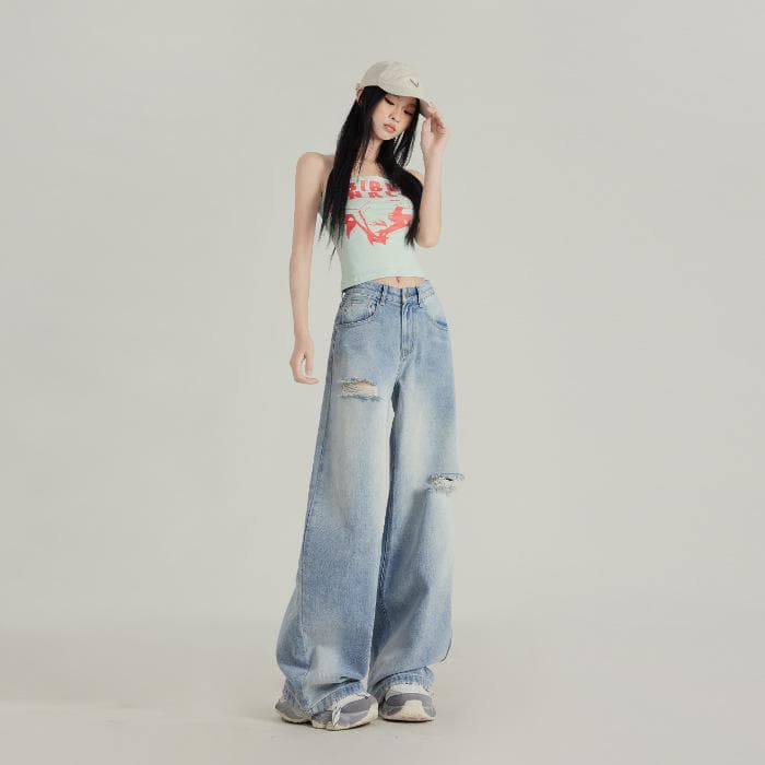 Korean Ripped Jeans for Women Spring Loose Slim High Waist Wide-leg Jeans for Women Wide-leg Jeans for Women Ripped Jeans for Women XL