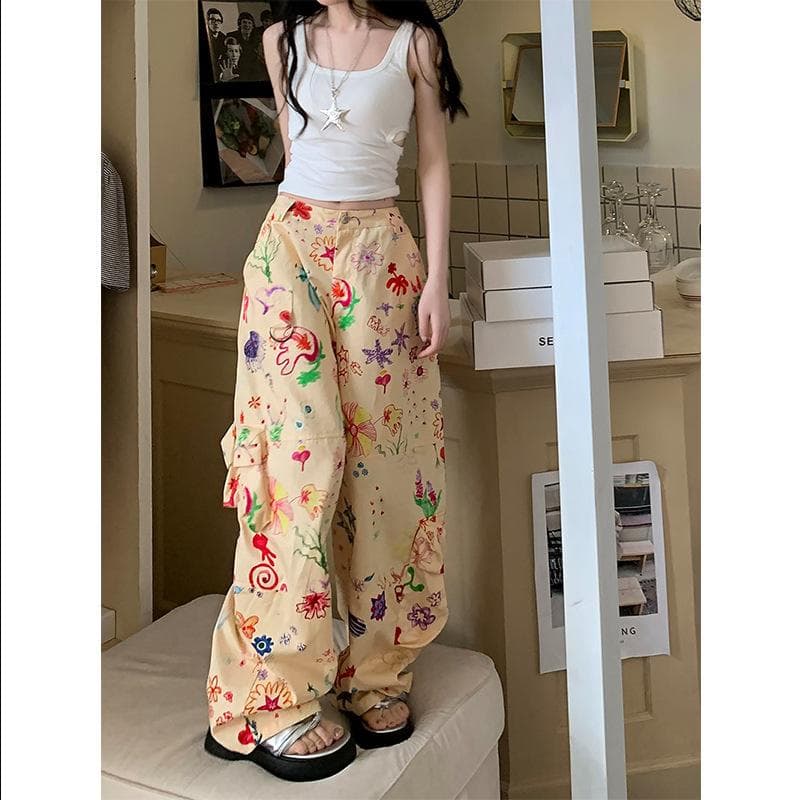 Chic Graffiti Printed Casual Pants In Summer New Design High Waist Loose Floor Wide-leg Trousers for Women 2XL