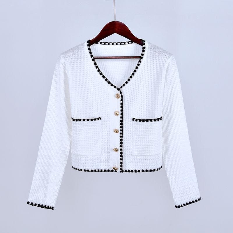 Knitted Cardigan Sweater with Pocket V-neck Long Sleeve Cardigan Hollow Knitwear Jacket Women's Fall Winter Sweater Short S white