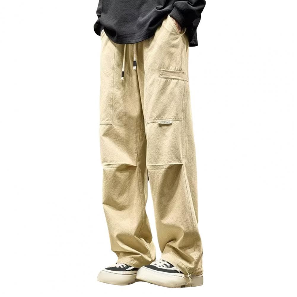 Long Trousers Streetwear Cargo Pants with Multi Pockets Elastic Waist for Fall Spring Wide Leg Loose Straight Style Trousers M khaki