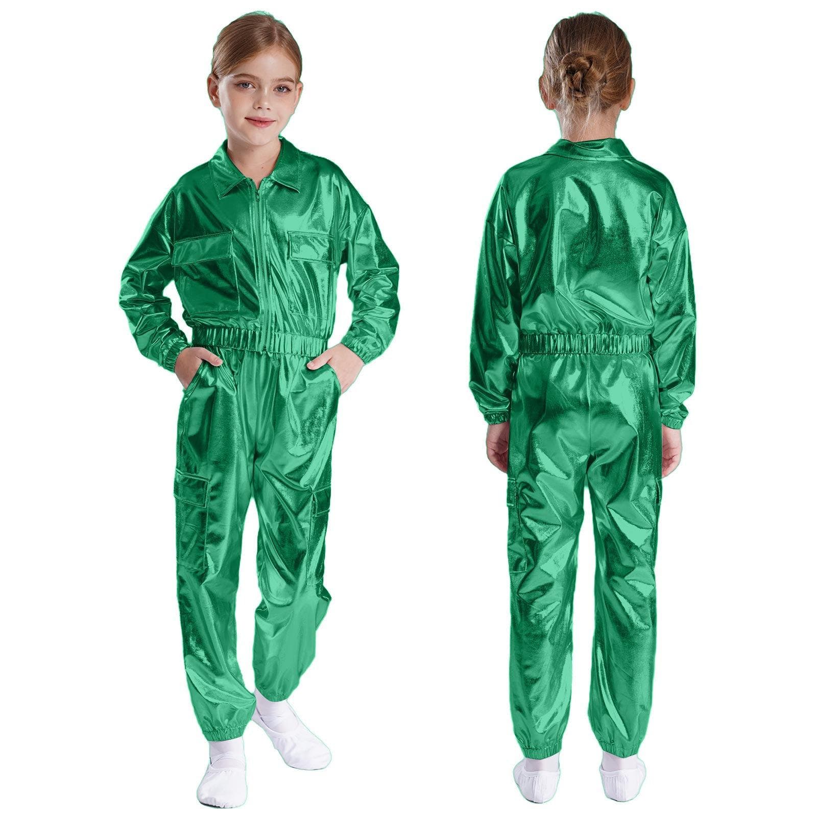 Kids Boys Girls Jazz Hip-Hop Street Dance Performance Costume Metallic Shiny Long Sleeve Athletic Jacket Coat with Pants Outfits 13-14 Years green