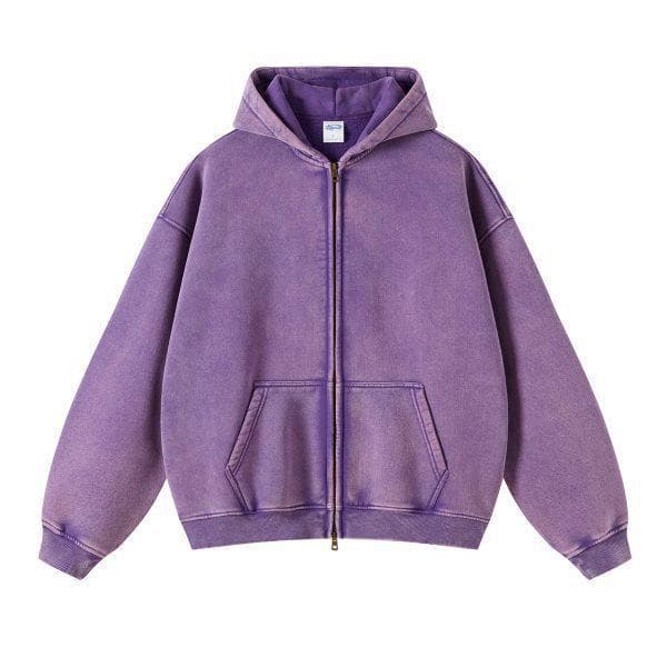 Retro Batik Washed Oversized Hoodie with Zipper L purple