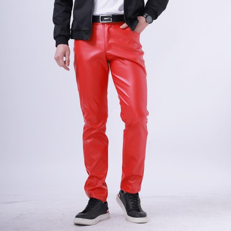 Thin Leather Pants Men's Moto Pants Spring Summer Fashion Color Elastic Slim Fit PU Trousers Windproof Waterproof Man Bottoms 31 red