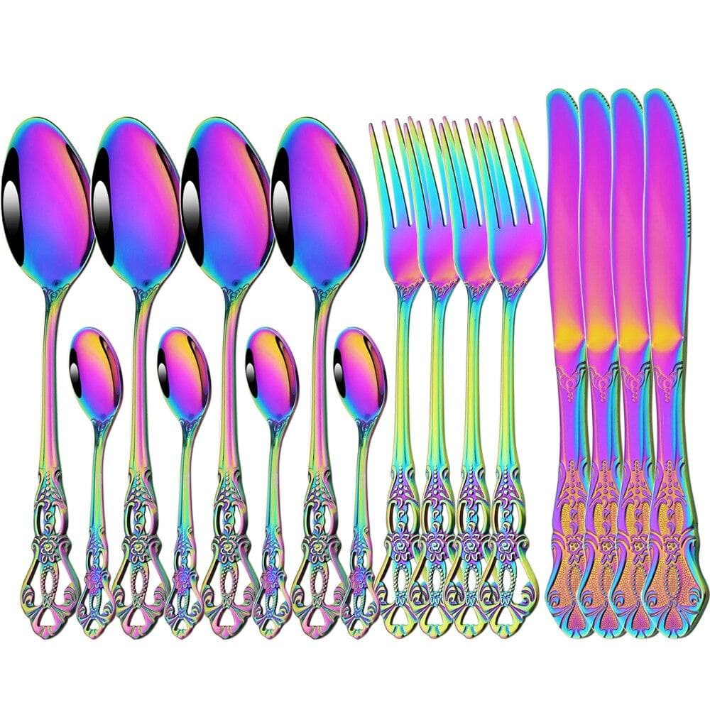 Stainless Steel Flatware Western Vintage 16pcs Dinnerware Set Royal Multicolor Knife Fork Tea Spoon Cutlery Tableware Set multicolour