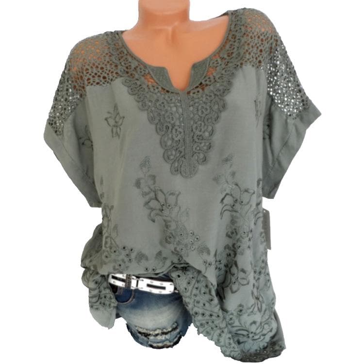 Fashion Women's Lace V-neck Embroidered Short Sleeve T-Shirt M green