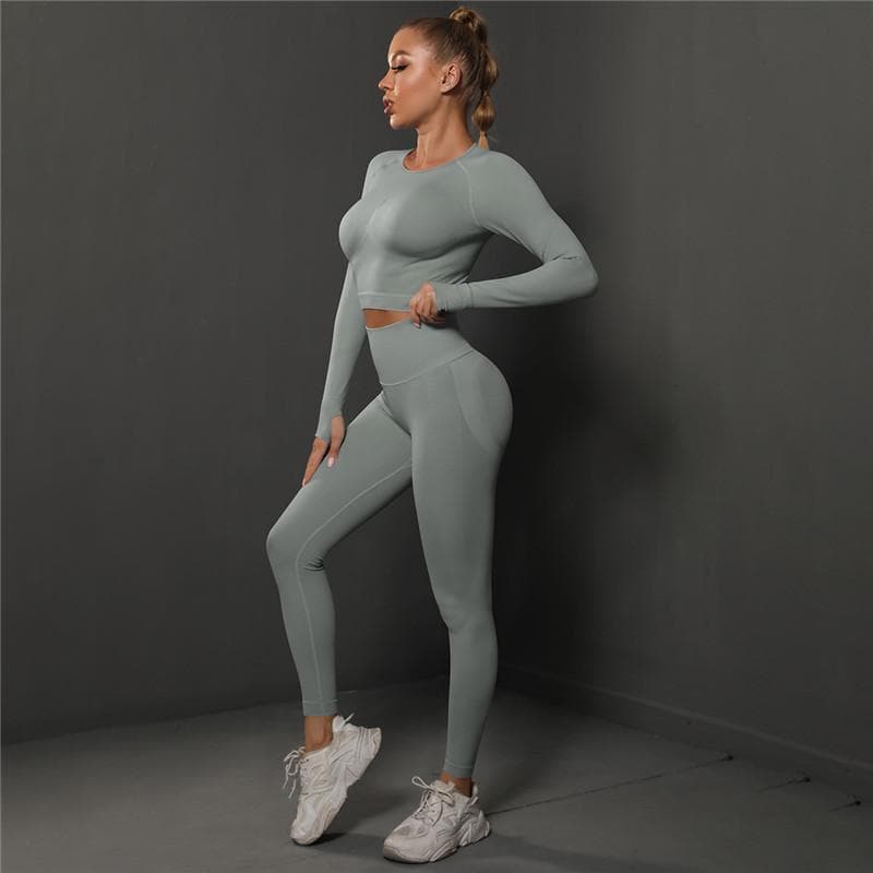 Nessaj Seamless Fitness Suit Women Yoga Set High Waist Gym Tracksuit Scrunch Butt Leggings Sportswear L light grey