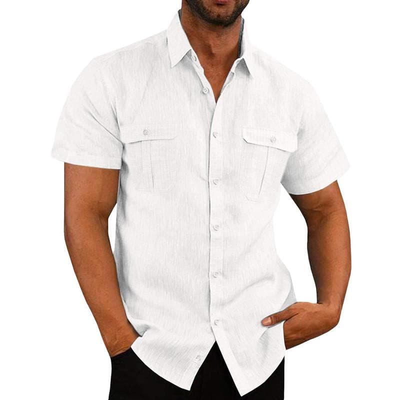 Summer Cotton Linen Casual Shirts Men Short Sleeve Solid Color Turn Down Collar Shirt Mens Breathable Beach Style Blouse 5XL 5XL white