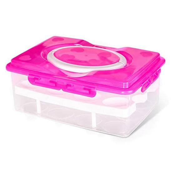 Double Layers 24 Grids Eggs Holder Box Airtight Container Plastic Storage Case rose red
