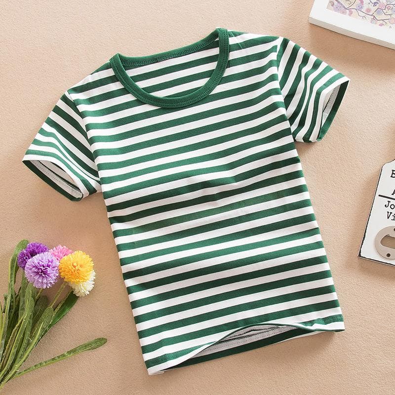 Summer Boys and Girls Baby Children's Clothing Pure Cotton Short-sleeved T-shirt Navy Style Children's Striped Student Half-sleeve 105cm green