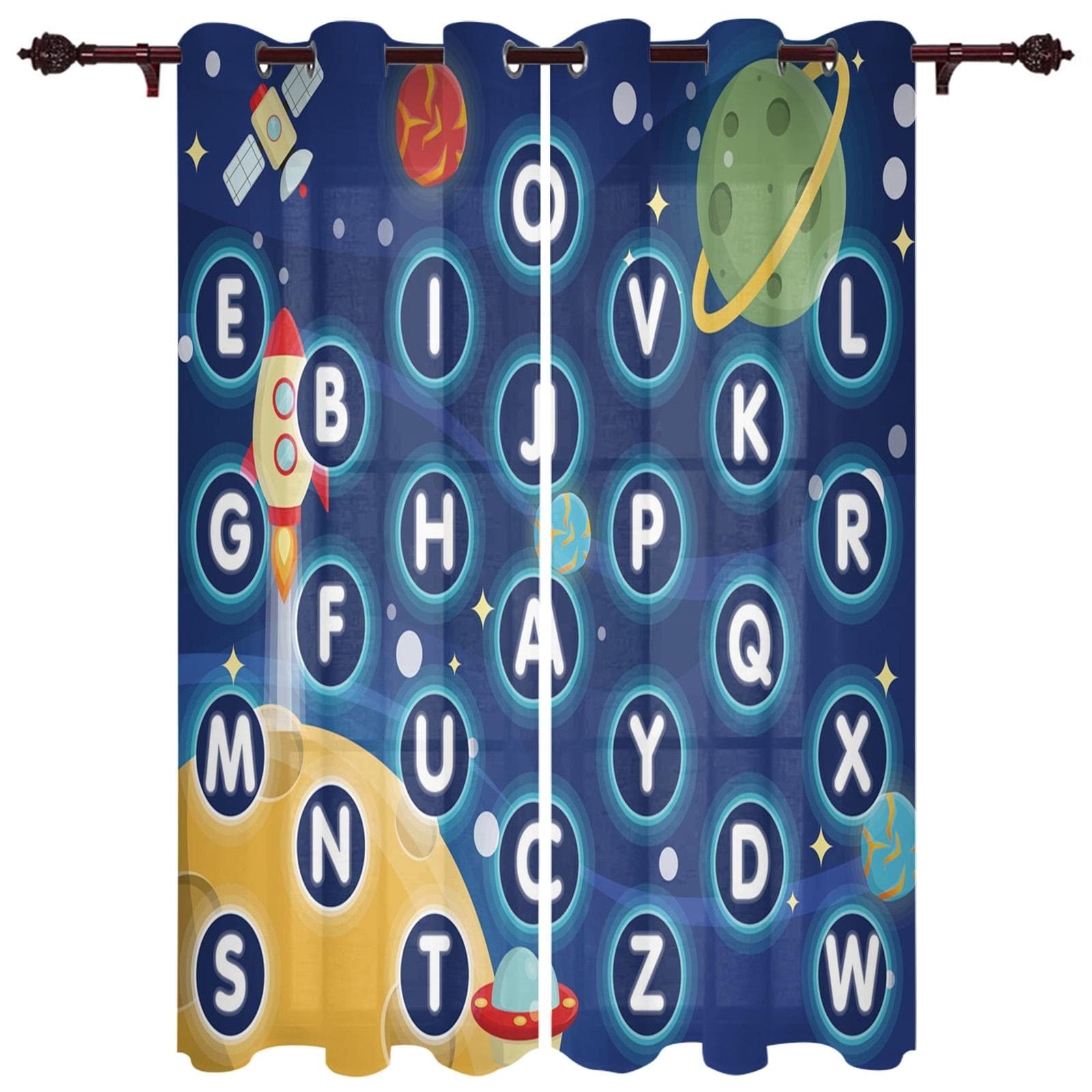Modern Window Curtains for Living Room Cartoon Children English Alphabet Curtains for Child Bedroom Kitchen Decor Blinds Drapes 135W x 185H(cm) x1