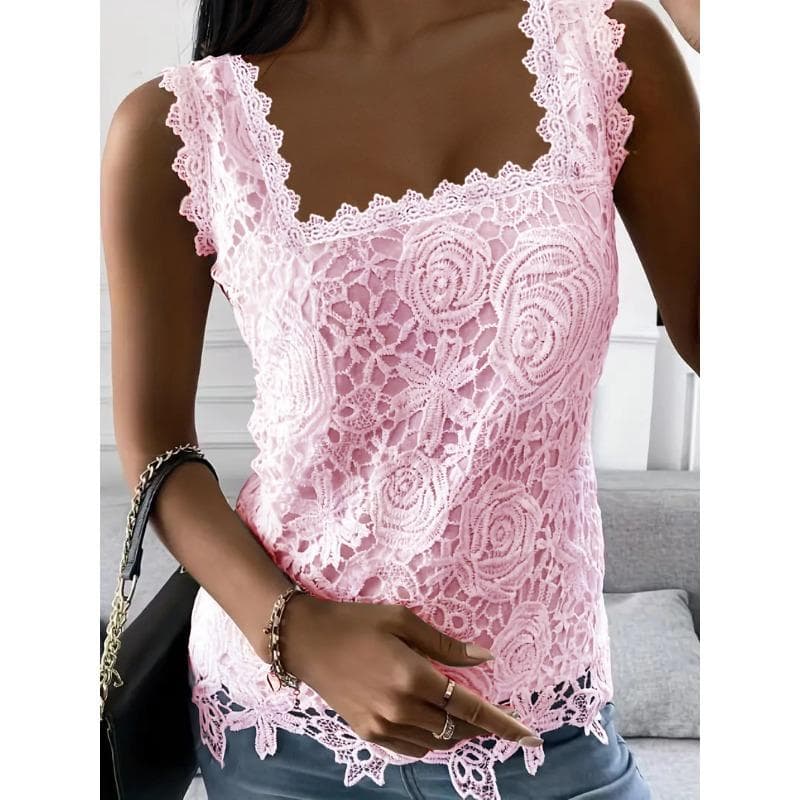 Summer Women's Vest Square Neck Lace Sleeveless Tank Top 2XL pink