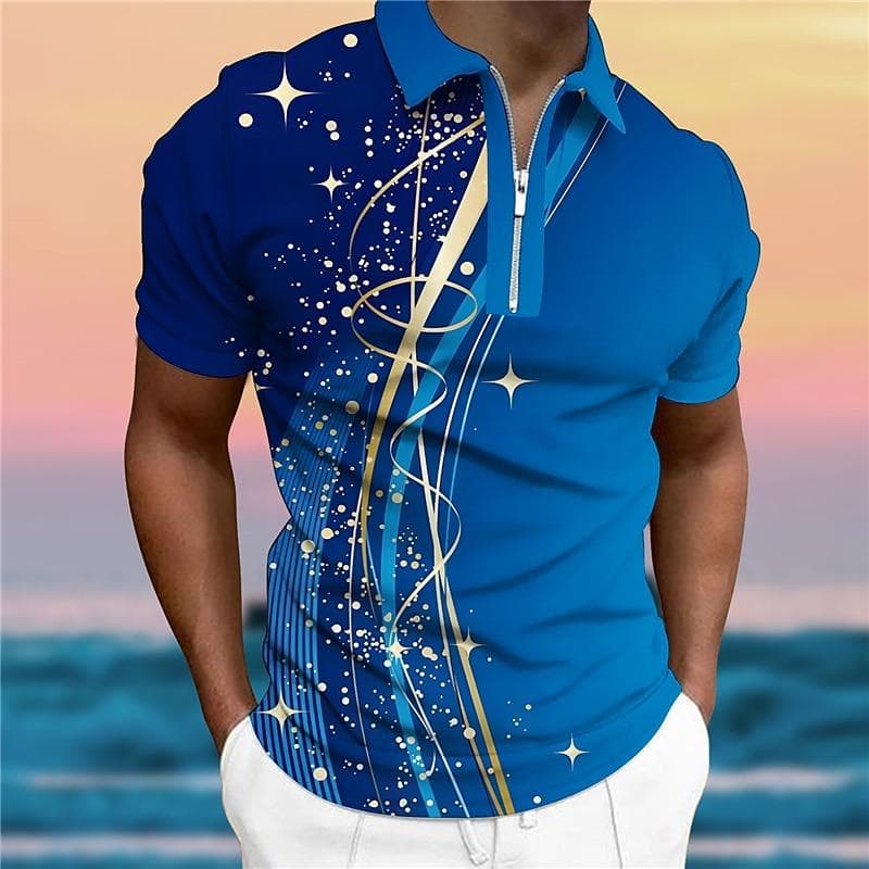 Men's Shirt Polo Casual Zip Short Sleeve Fashion Casual Zipper Summer Spring Regular Fit 3D Blue Curved Starry Sky Print Shirt 6XL blue
