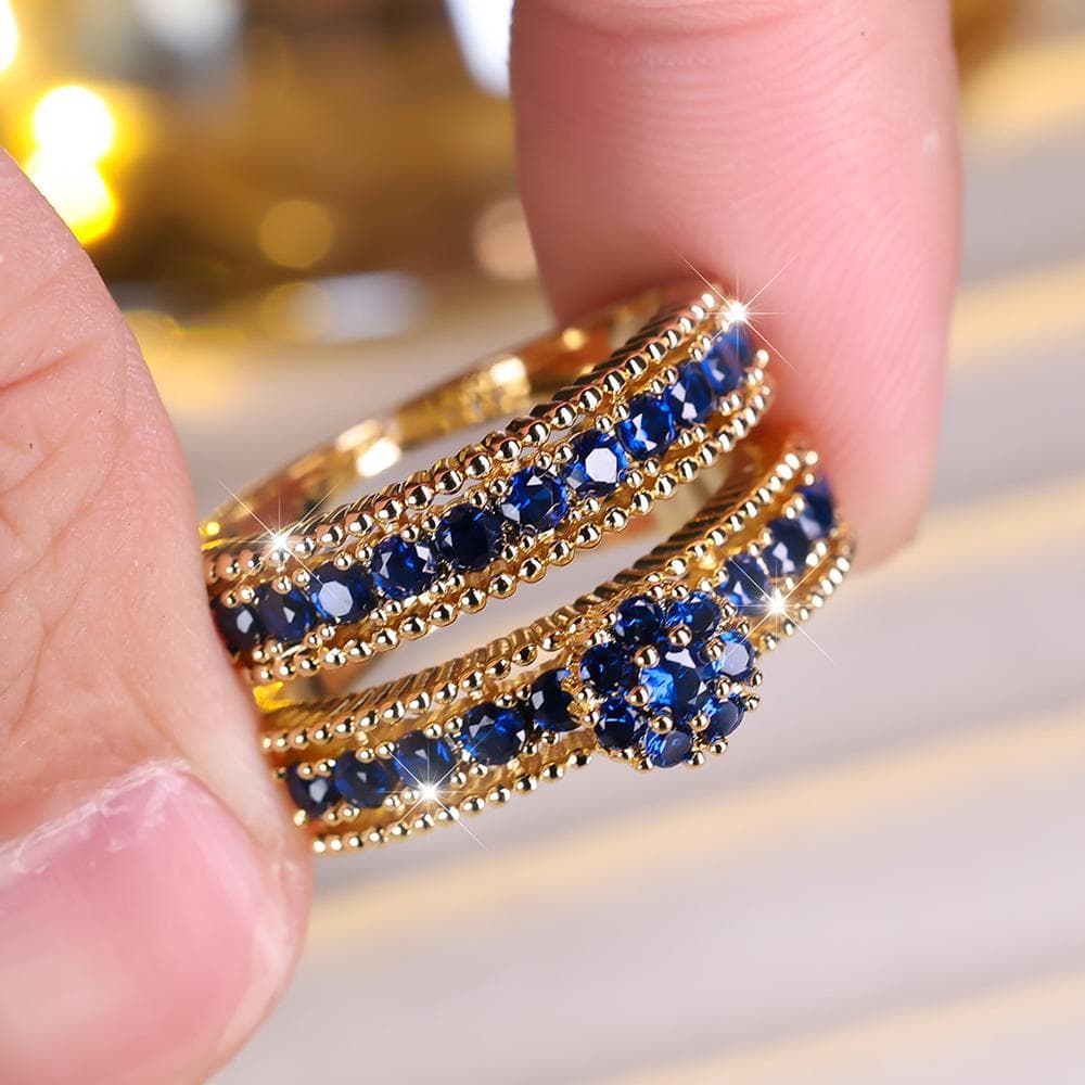 Fashion 2 Piece Set Flower Shaped Zircon Rings Set for Women Luxury Elegant Engagement Rings Party Jewelry Gifts 9 gold/blue