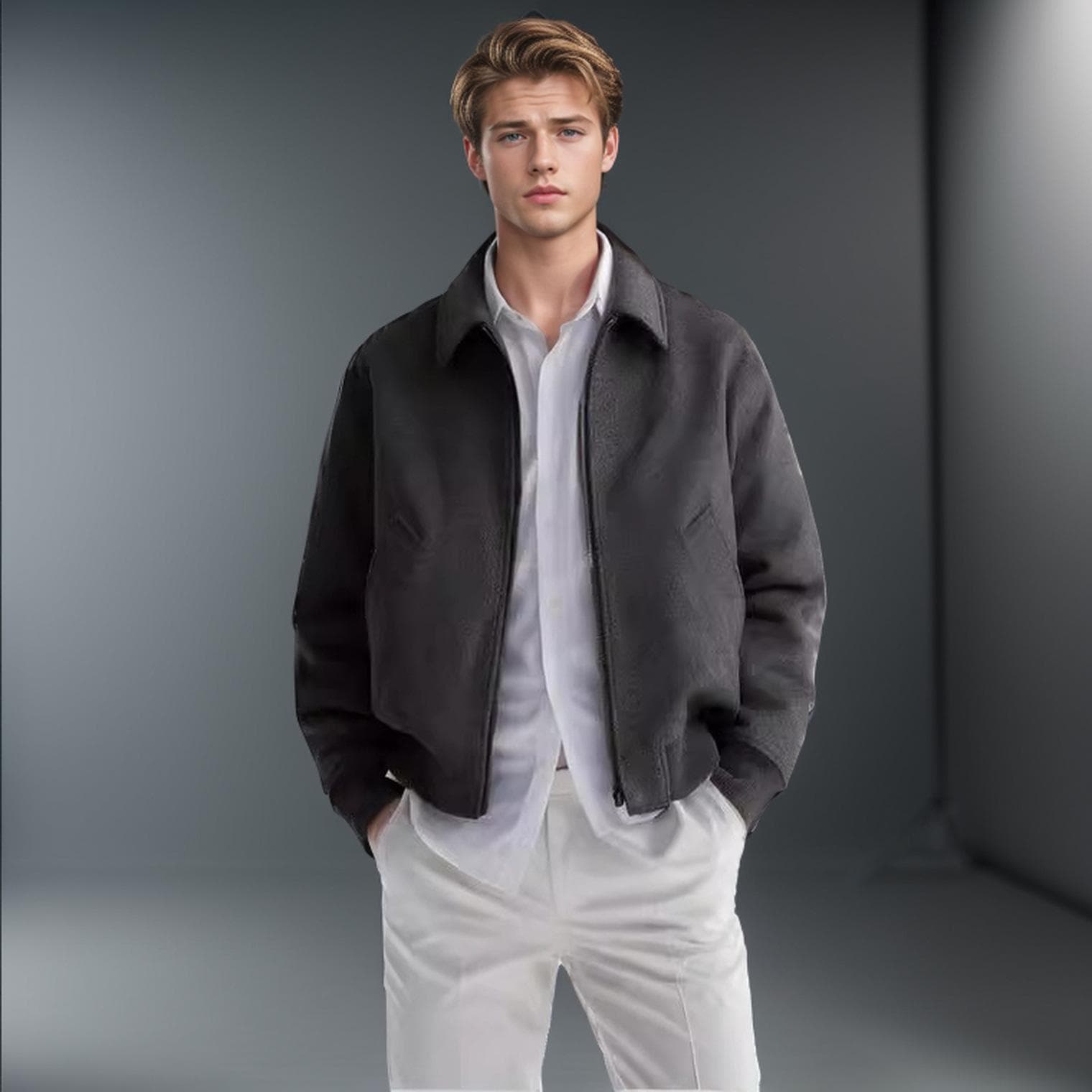 New Spring and Autumn Woolen Coat Men's Solid Color Lapel Woolen Coat British Jacket Cardigan 2XL grey