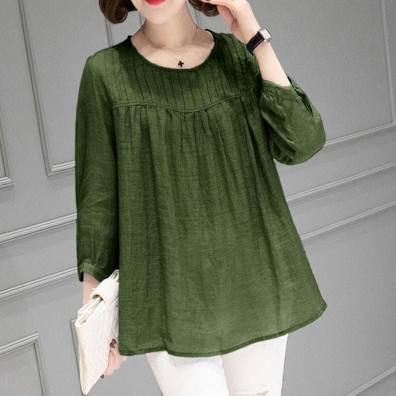 Cotton Linen Long Sleeved Women's T-shirt Autumn Korean blouse Loose Slimming Nine Inch Sleeve Top L dark green