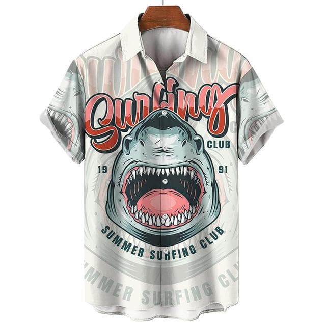 New Men's Shirts 3D Animal Print Clothes Fashion Button Short Sleeve Lapel Streetwear Shirt for Men Hawaiian Shark Blouse Tshirt M