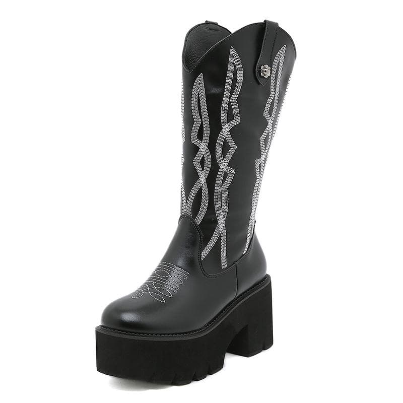 Retro Embroidered Western Cowboy Boots For Women Cowgirl Boots Platform Thick Sole Gothic Style Winter Footwear 43 black