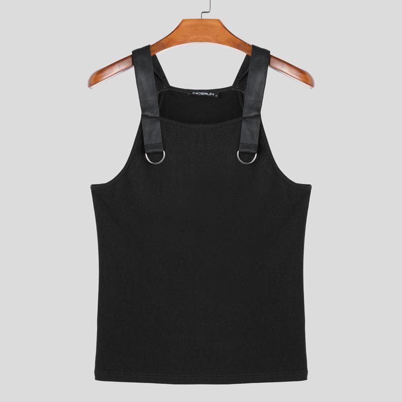 INCERUN Summer Men Sleeveless Patchwork Strap Solid Color Casual Tank Tops S black