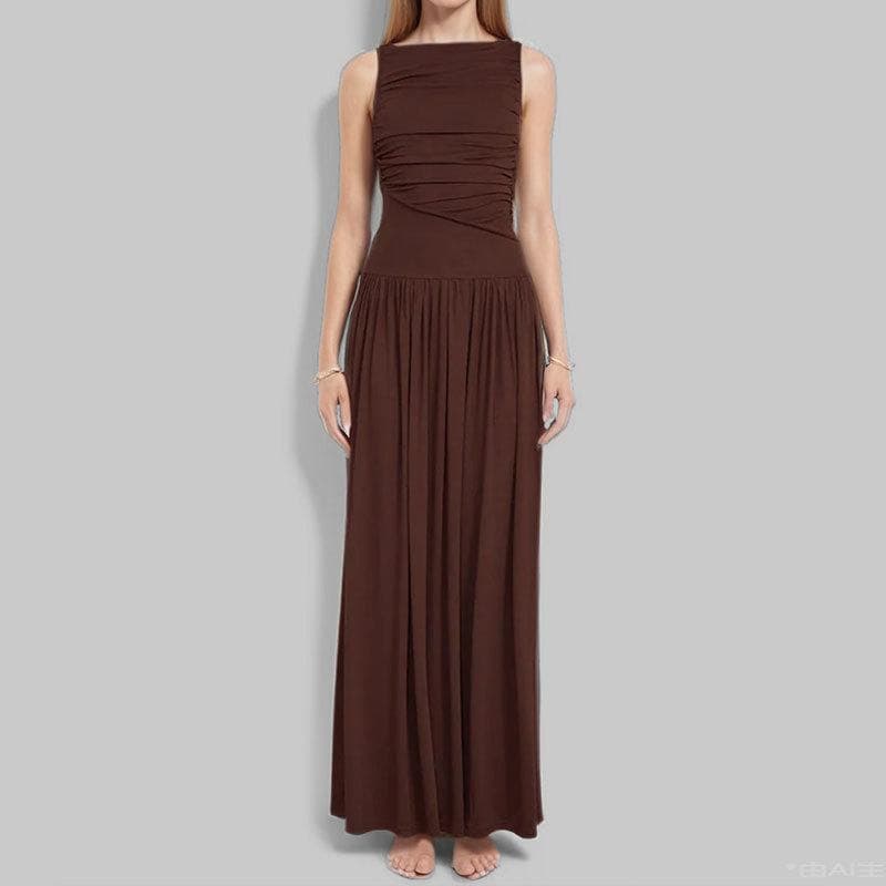 Women's Spring Dress, Fashionable Temperament, Elegant Solid Color, Slim Pleated Pleated Dress 3XL brown