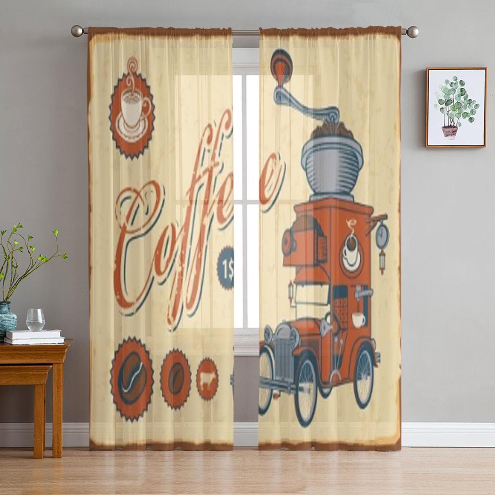 Vintage Car With Coffee Grinder On Roof Sheer Curtains for Living Room Tulle Window Curtain Bedroom Kitchen Veil Drapes 135W x 114H(cm)